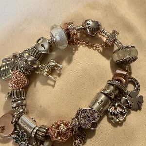 Authentic Pandora .925 Sterling Silver and Rose Gold Charm Bracelet - 22 charms